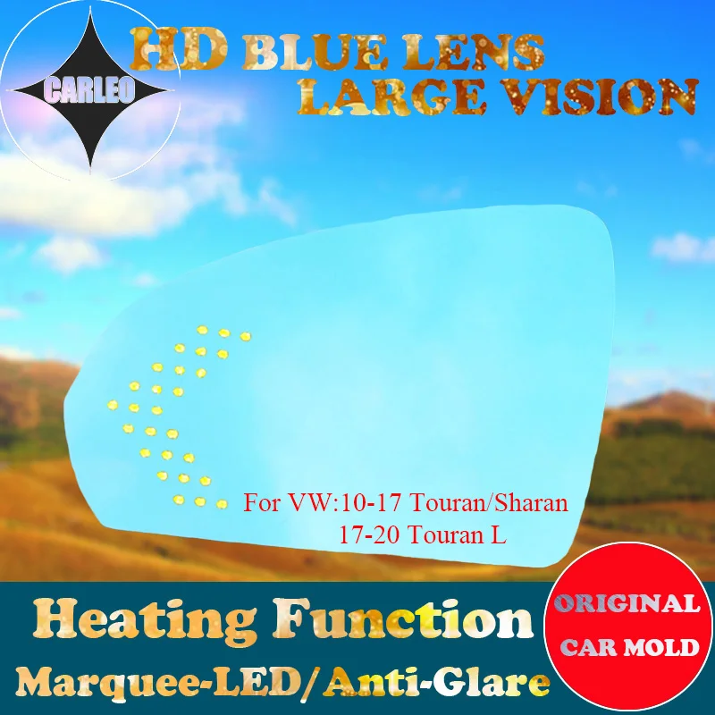 

1 Pair Car Side View Mirror Lens for VW Touran/L Sharan 10-20 Blue Glass HD Large view With Heating Blind Spot Warn Marquee LED