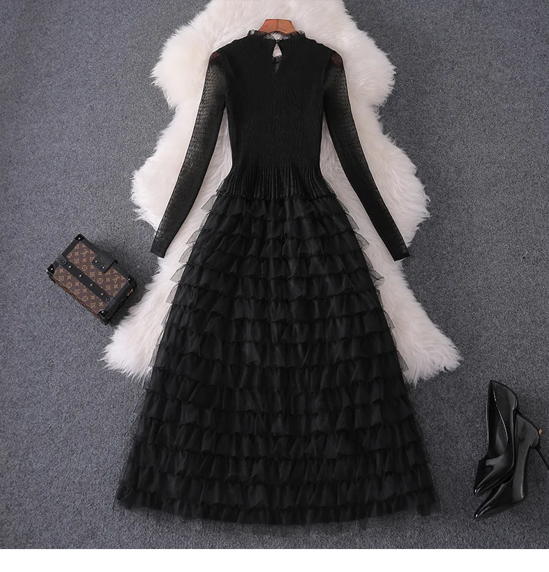 Women fashion autumn winter ruffles dress lace inset long sleeve gothic dress fit and flare cute dresses new black