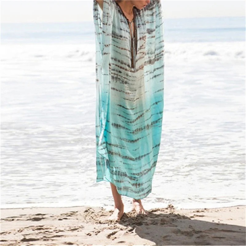 Summer Chiffon Printed Bikini Beach Cover Up Women Sexy Deep V-Neck Loose Boho Robe Holiday Dress Sun Protection Shirt Cover Up
