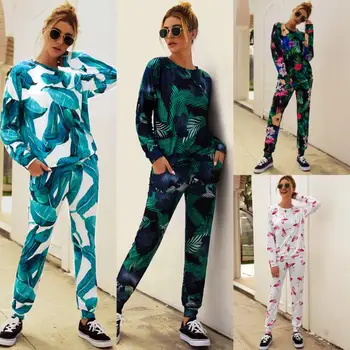

two piece set Women early autumn winter temperament Round neck long sleeve print fashion casual sports two piece set