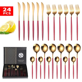 

24Pcs/set Dinner Knife Fork Spoon Cutlery Set 410 Stainless Steel Dinnerware Set with box Kitchen Portugal Tableware Sets
