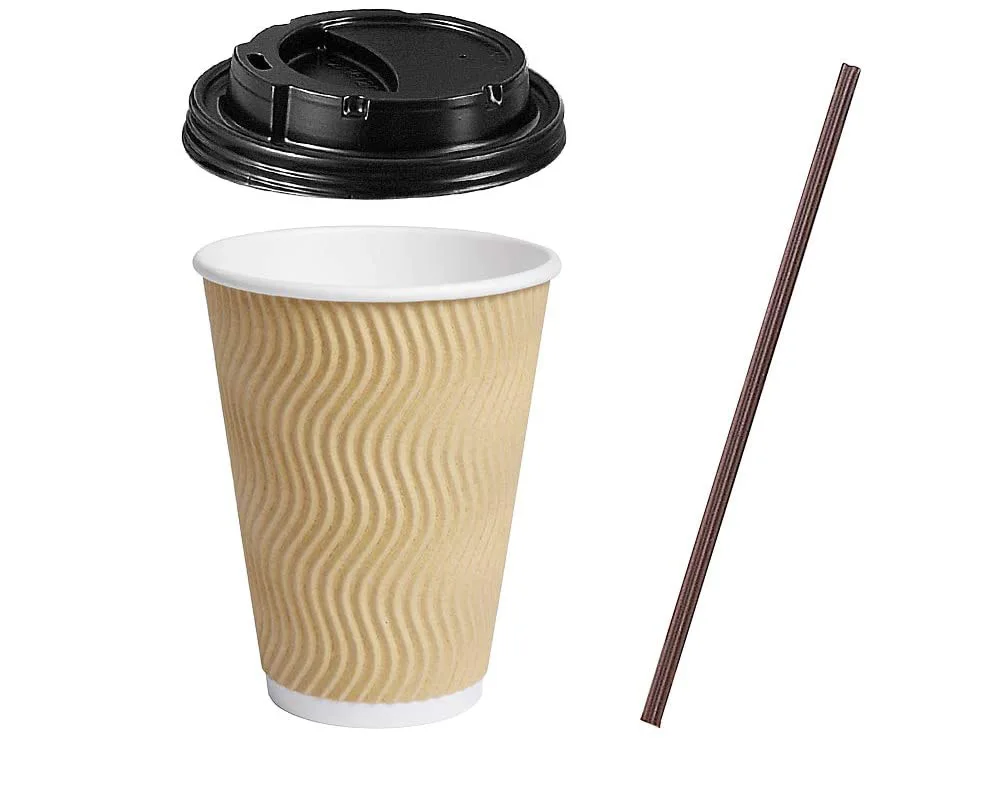 1000 x 12oz Kraft Ripple Cups 3-PLY Disposable Insulated Paper Coffee Cups /& White SIP Through LIDS We Can Source It Ltd