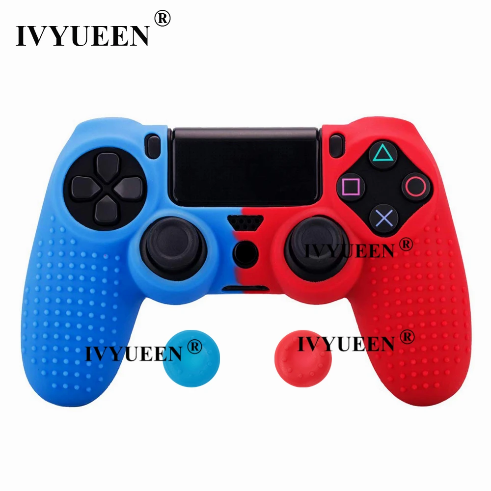 Blue Red Силиконовый чехол IVYUEEN для Dualshock 4 PS4 Pro, тонкий чехол для контроллера и ручки для большого пальца, колпачки для playstation 4, аксессуары для игр - Цвет: Blue Red