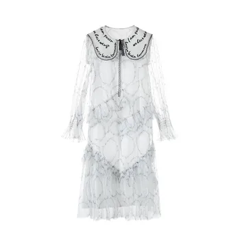 

High-end Women Long Dress Designer Sweet Peter Pan Collar Embroidery Letters Sexy Perspective Mesh Dresses Puff Sleeves Vestidos