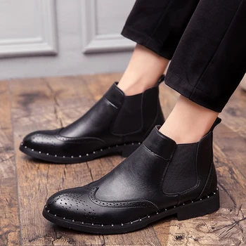 

British style mens casual bullock ankle boots cow leather brogue shoes slip-on rivets shoe gentleman chelsea boot botas hombre