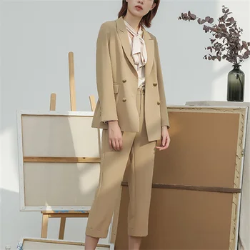 

Ellacey 2020 New Spring Women's Suit Elegant Trouser Costume Fashion Women's Pant Suits Elegant Two Piece Set Khaki Blazer Set