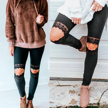 

Women Casual Pants Slim Fit Knee Lace Open Chic Solid Color Pants for Summer FEA889