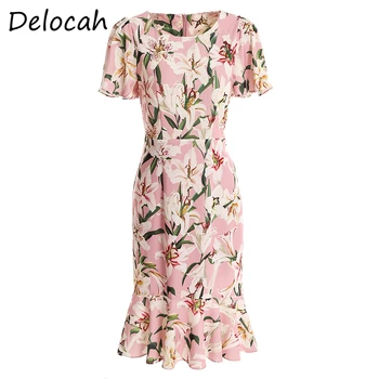 

Delocah Spring Summer Dress Fashion Ruwan Women Short Sleeve Simple Bow Ruffles Printed Female Jacquard Midi Dresses vestoidos