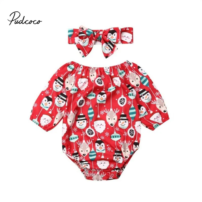 Pudcoco/Рождественский Костюм для маленьких девочек; хлопковый Детский костюм с героями мультфильмов; боди для маленьких девочек; Комбинезон для маленьких девочек+ повязка на голову