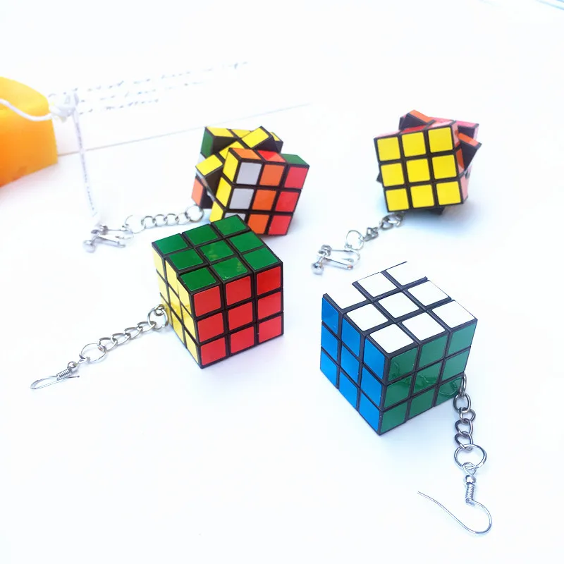 Donarsei Funny Resin 3D Magic Cube Drop Earrings for Women Colorful Geometric Speed Cube Dangle Earrings Novelty Jewelry