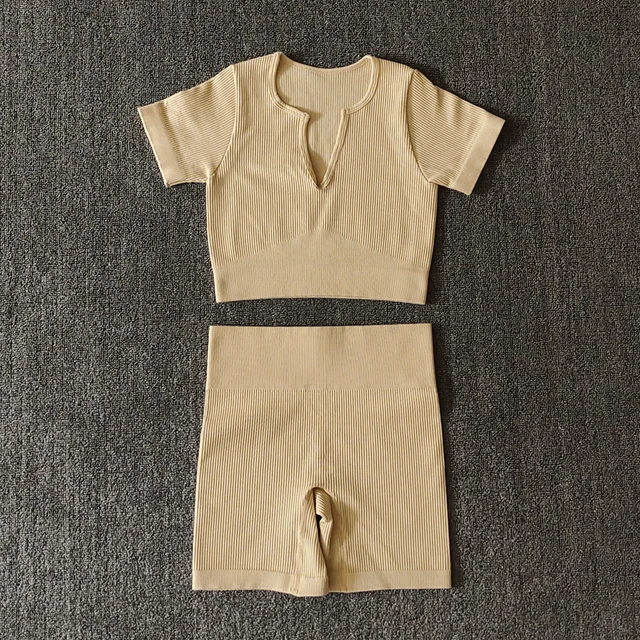 2/4/6PCS Seamless Women Yoga Set Workout Sportswear Fitness Bra Sport Pants Gym Clothing High Waist Leggings Shorts Sports Suits Beige