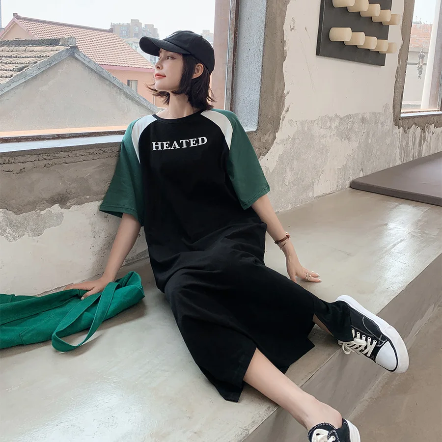 

Summer Short-sleeved Nightgown Female Dark Green Block White Lettered Skirt M -Xxl