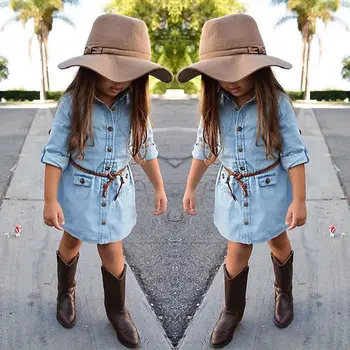 

Baby Kids Girl 2T-7T Denim Short Mini Dress Jean Long Sleeve Casual Party Shirt Dress