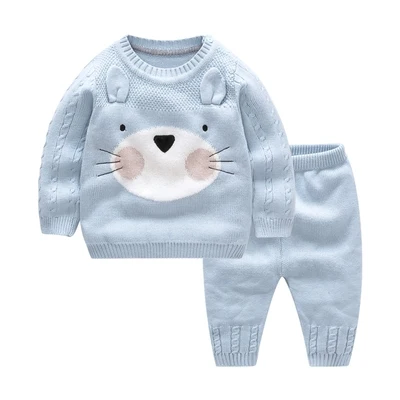 Весенне-осенний шерстяной комплект для маленьких девочек и мальчиков вязанный хлопковый свитер, комплекты одежды теплый пуловер для малышей, брючный костюм Одежда для новорожденных - Цвет: as picture