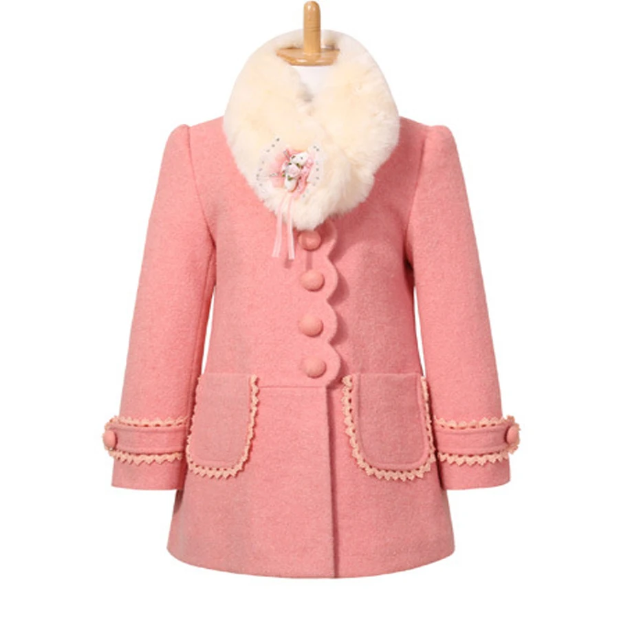 Kids Children girls woolen jacket pink thick big fur collar woolen coat princesses kids autumn winter wedding party clothes - Цвет: Розовый