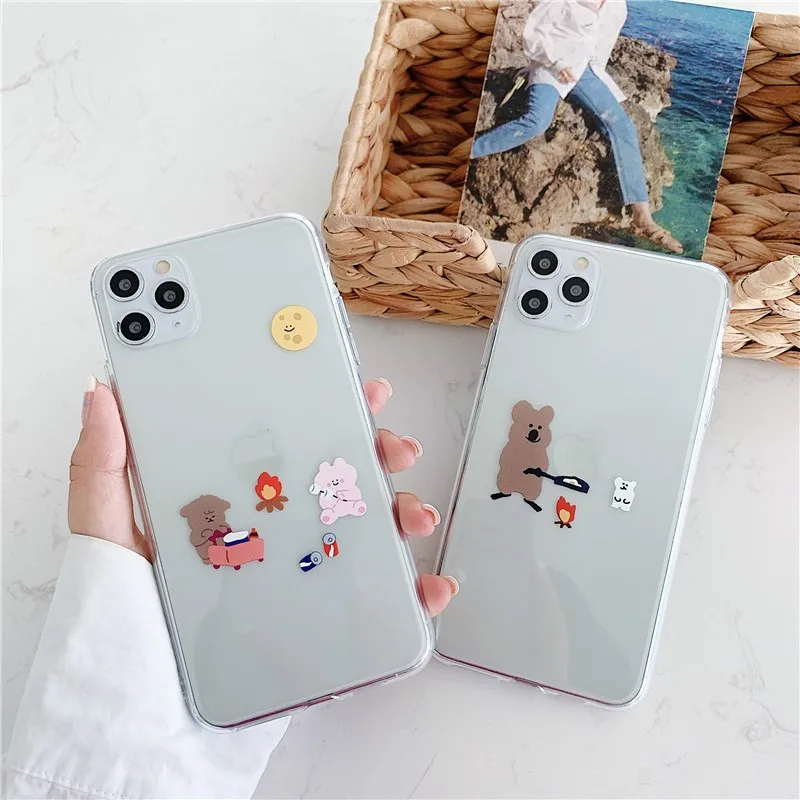 

Cute Painted Clear Creative Bear Couple's Soft Case For Iphone 11 12 Pro Max Mini 7 8 Plus Xr X Xs Max Se 2 Phone Cover Fundas