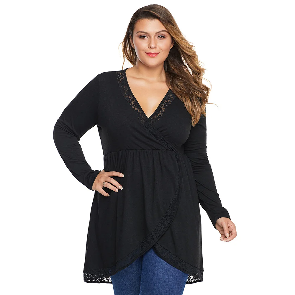 

Autumn Winter Long Sleeve Blouse Plus Size 5XL Women V Neck Lace Patchwork Irregular Long Blouse Ladies Tunic Blouse Tops