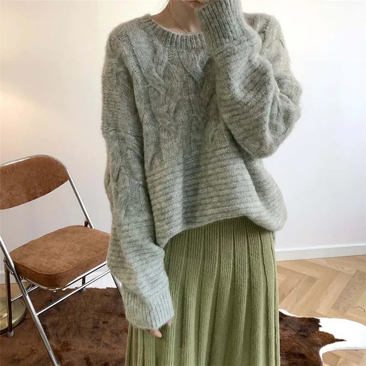 Осень-зима, женский свитер Kawaii, утолщенный, свободный, Bf, ленивые цветы, вязаный, эластичный джемпер, женский свитер