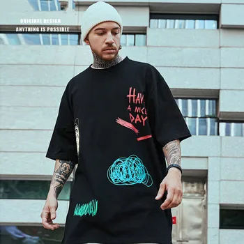 

Street Hiphop Loose Tide Oversize Half Sleeve Hip Hop Graffiti Short Sleeve Men Tide Brand T-shirt