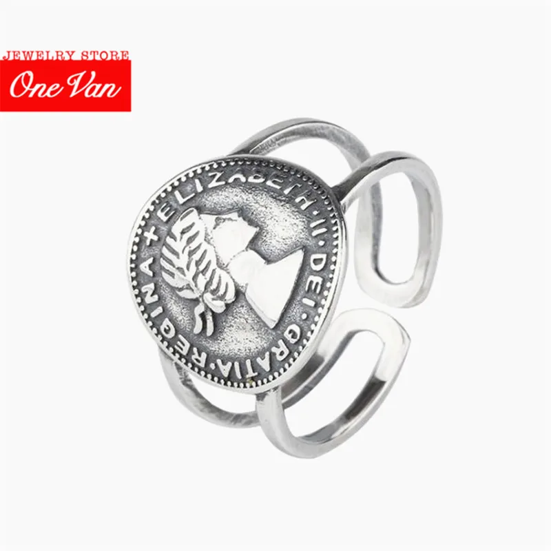 

2020 OneVan Fashion 925 silver old man relief adjustable queen ring female womenig Large Retro Vintage Golden Gothic Women ring