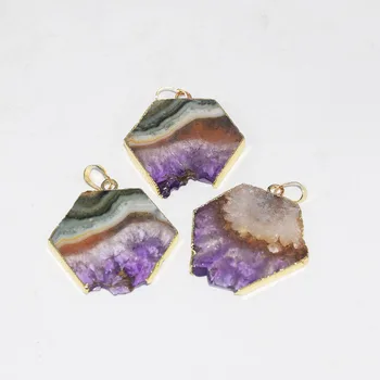 

Fashion Jewelry Natural slice Purple Crystal Quartz necklace pendant male 2019raw slab geode druzy amethysts stone pendant women