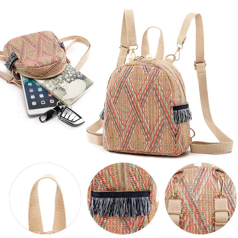 3 In 1 Anti Theft Women Straw Small Backpack Handmade Rattan Tassel Crossbody Girls Travel Bag 2021 Summer Beach Shoulder Bag