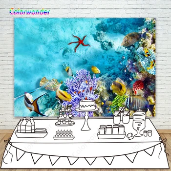 

Photography Backgrounds Underwater World Colorful Coral with Fish and Red Starfish Natural Scenery Backdrops for Photo Studio