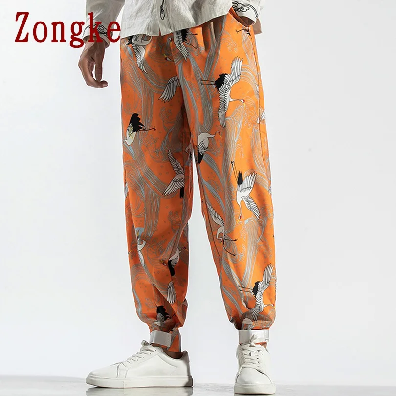 Zongke Crane брюки с принтом, мужские брюки для бега, мужские брюки, уличная одежда, спортивные штаны, шаровары, мужские брюки, 5XL, хип-хоп, осень
