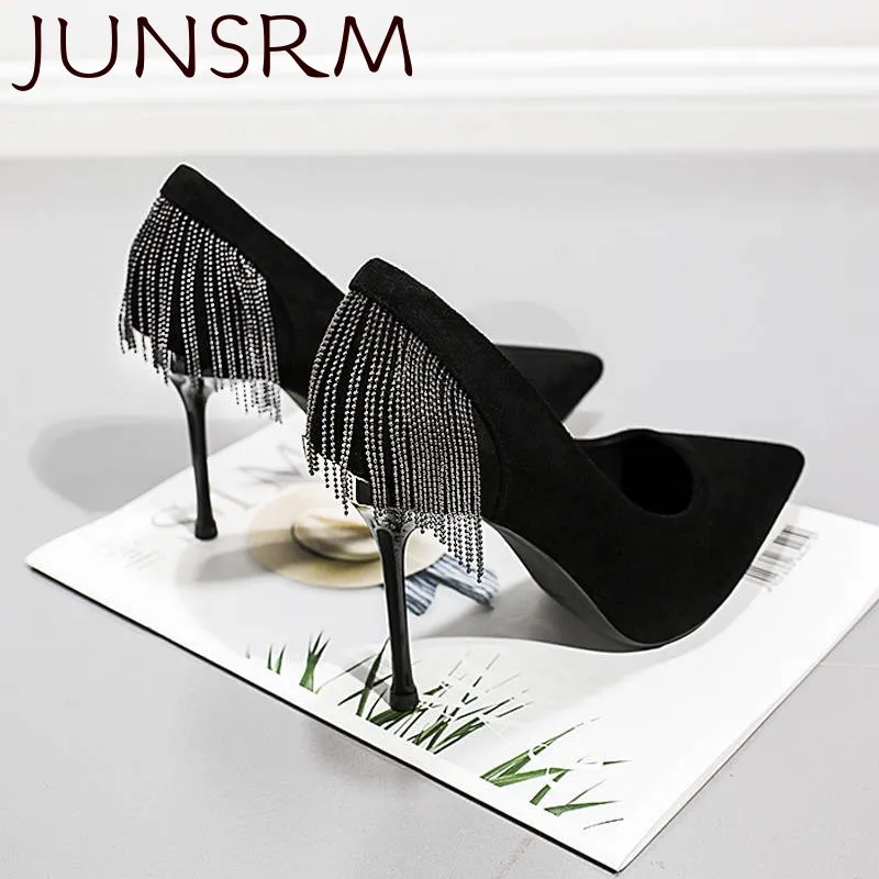 

2020 Women Pointed single shoes female new fine with French fringed sexy black Women's high heels Zapatillas Woman Shoe Footwear