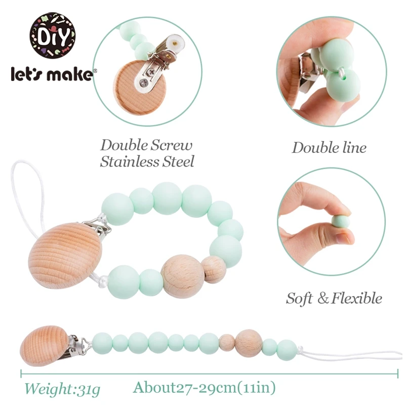 Let's Make Baby Pacifier Clip Natural Wooden Dummy Silicone Beads Chain Infant Soother Nipple Strap Teether | Мать и ребенок