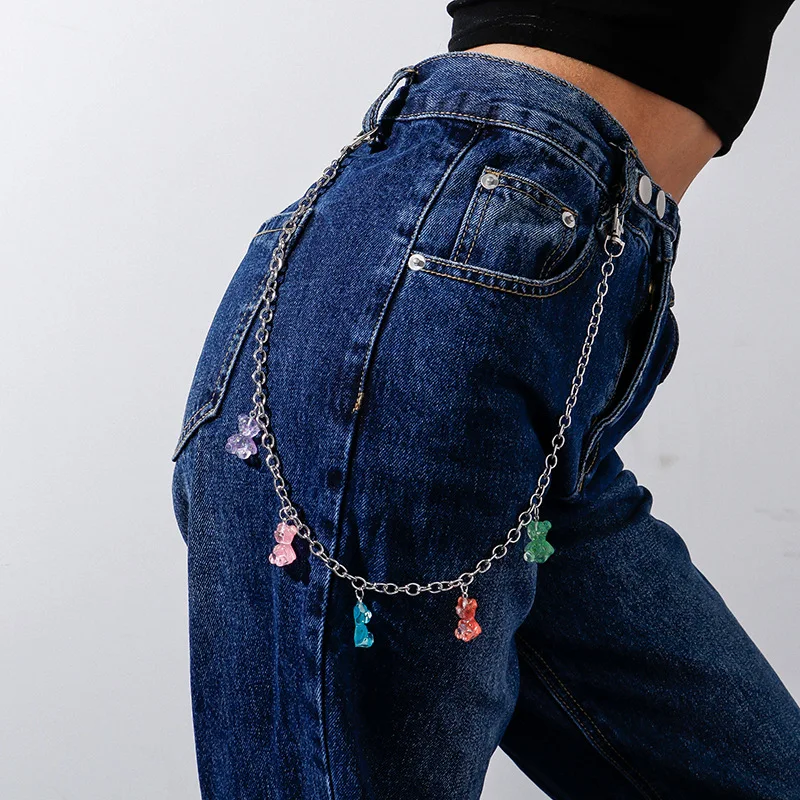 Punk Hip Hop Women Men Jeans Waist Chain Bear Lollipop Pendant Metal Belt Pants Key Chain Harajuku Accessories Jewelry Gift 14