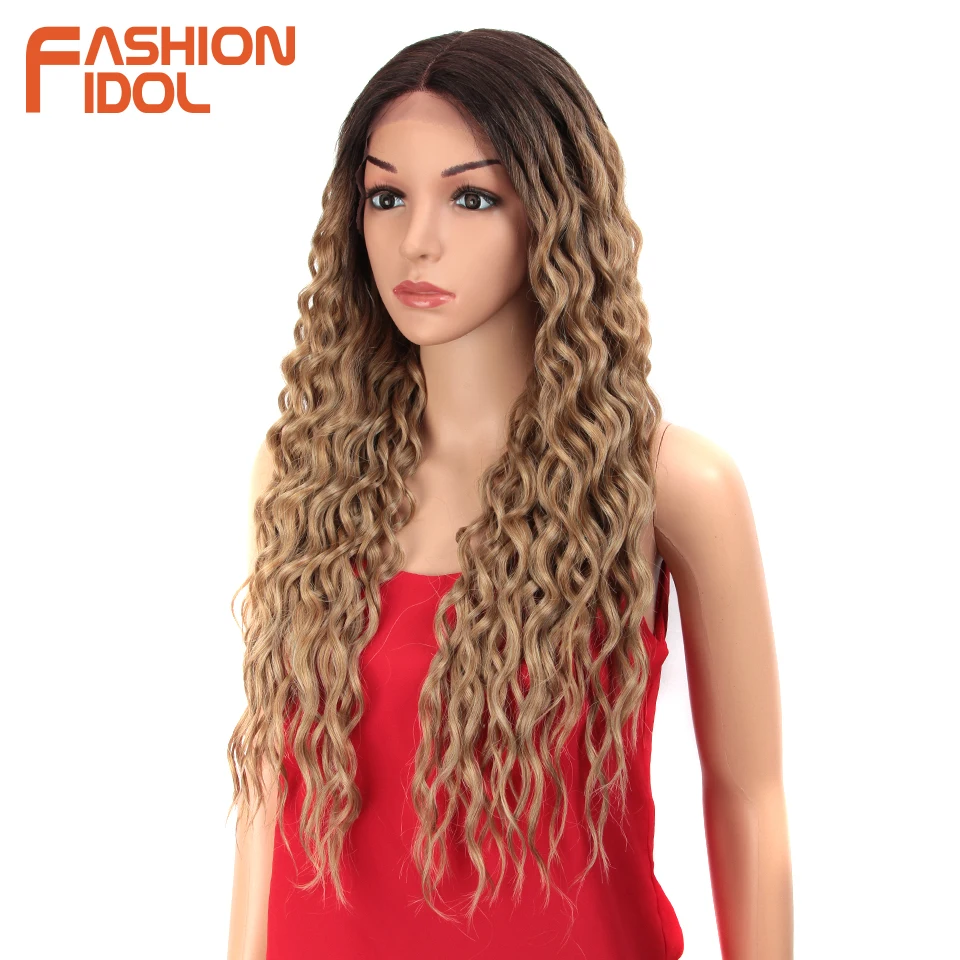 FASHION IDOL 28 inch Hair Synthetic Lace Front Wigs For Black Women Soft Loose Wave Hair Ombre Brown Pink Heat Resistant Hair