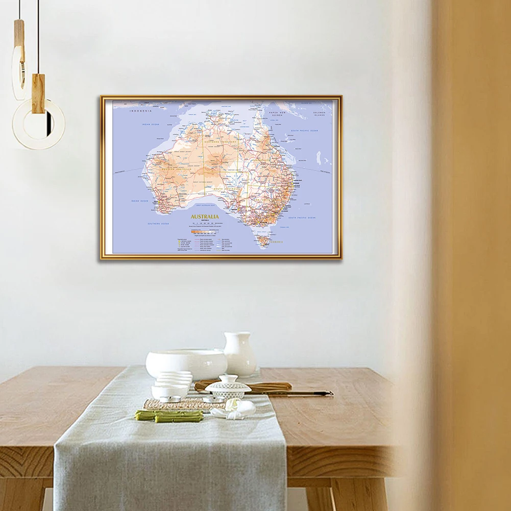 59*42cm Terrain and Traffic Route Map of The Australia Canvas Painting Wall Art Poster School Supplies Classroom Home Decoration