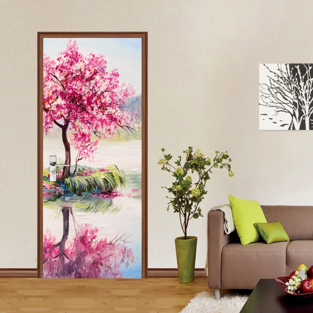 200x77 см Водонепроницаемая наклейка на дверь вишневые картины с цветущими цветами