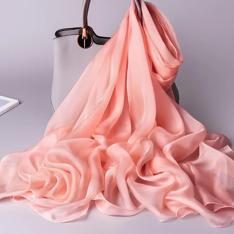 Натуральный шелковый шарф для женщин, тонкие шифоновые шелковые шали, накидки для дам, Одноцветный шейный платок, Ханчжоу, натуральный шелковый шарф, платок для женщин - Цвет: Pink