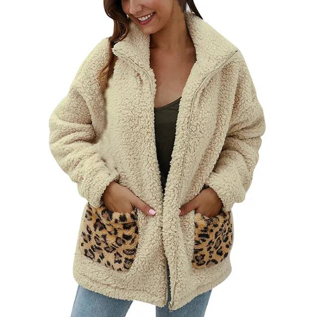 Women Leopard Print Fleece Long Sleeves Cardigan Winter Arrival Cotton Fluffy Long Sleeve Jacket Ladies Warm Outerwear
