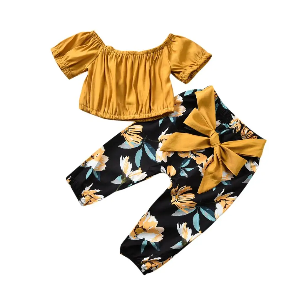 

1-4Y Summer Infant Baby Girls Clothes Sets Off Shoulder T Shirts Tops+Bowknot Floral Print Pants 2pcs