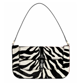 

Fashion Vintage Baguette Shape Bags Zebra Print Handbags Genuine Leather Women Bags Tote Bags