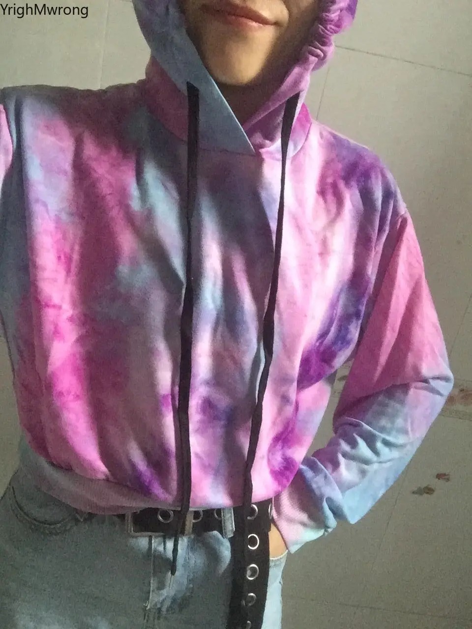 

Tie Dye Gradient Hippie Streetwear Tracksuit String Hooded Crop Top Loose Short T-Shirt Cropped Autumn Sexy Pullover Plus Size