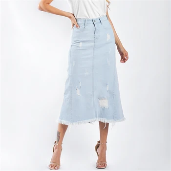 

2020 Large Size Fashion Casual Package Hip Denim Skirt Women Hole Jeans Skirt High Waist Saias Cowboy Denim Skirts Female K693