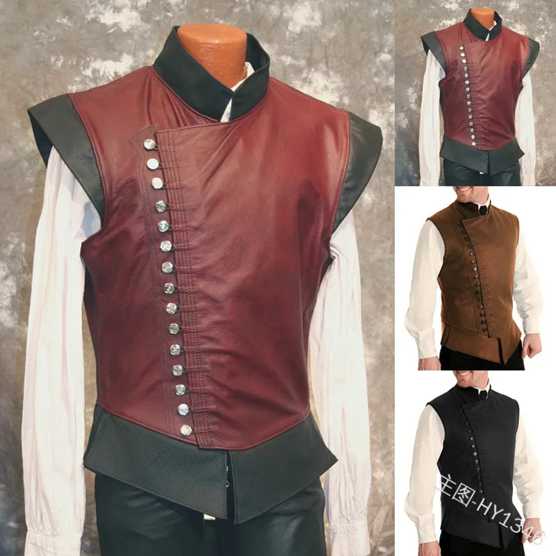 

COLDKER Men Retro Medieval Sleeveless vest Male Knight Stage Vest Saxon Warrior Viking Pirate Tee Tops