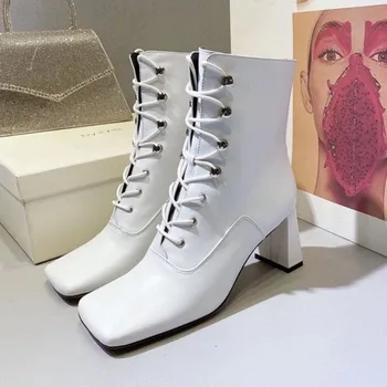 

Square toe martin boots women genuine leather lace up chunky high heel shoes autumn short boots ladies retro ankle botas 2020