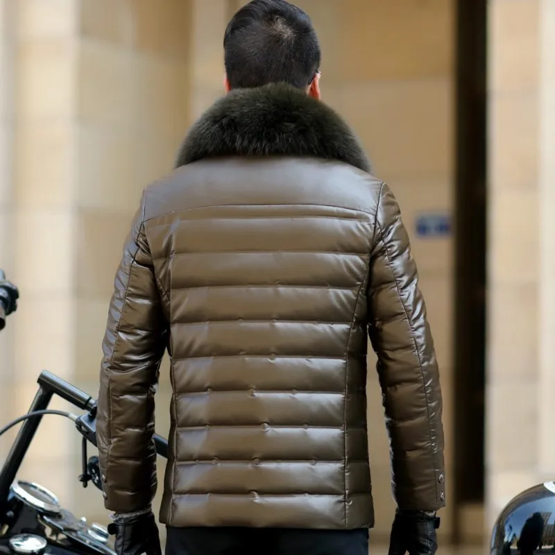 Мужская кожаная одежда пуховики с воротником из лисьего меха|Пуховики| |