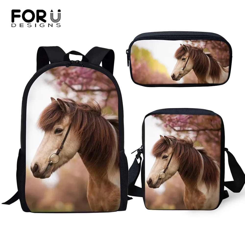 

FORUDESIGNS Children School Backpack Kawaii Horses Pattern Book Bags Animal Design Primary Students Book Bag/Flaps Bag/Pen Bags