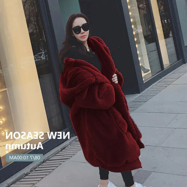 Red wine Зимнее пальто из искусственного меха женская парка длинная теплая куртка из искусственного меха пальто с капюшоном свободное зимнее пальто верхняя одежда больших размеров 3XL - Цвет: Red wine