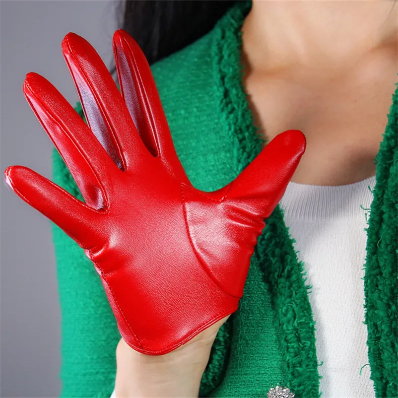 Ultra Short Leather Gloves 13cm Emulation Leather Imitation Sheepskin PU Unlined Female Christmas Red Women Gloves WPU126