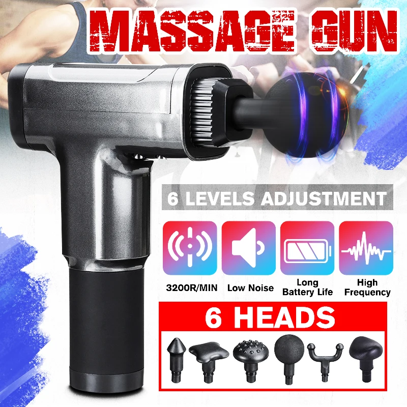 

3200r/min Guns 6 Gears Therapy Massage Muscle Massager Pain Sport Massage Machine Relax Body Slimming Relief 6 Heads With Bag