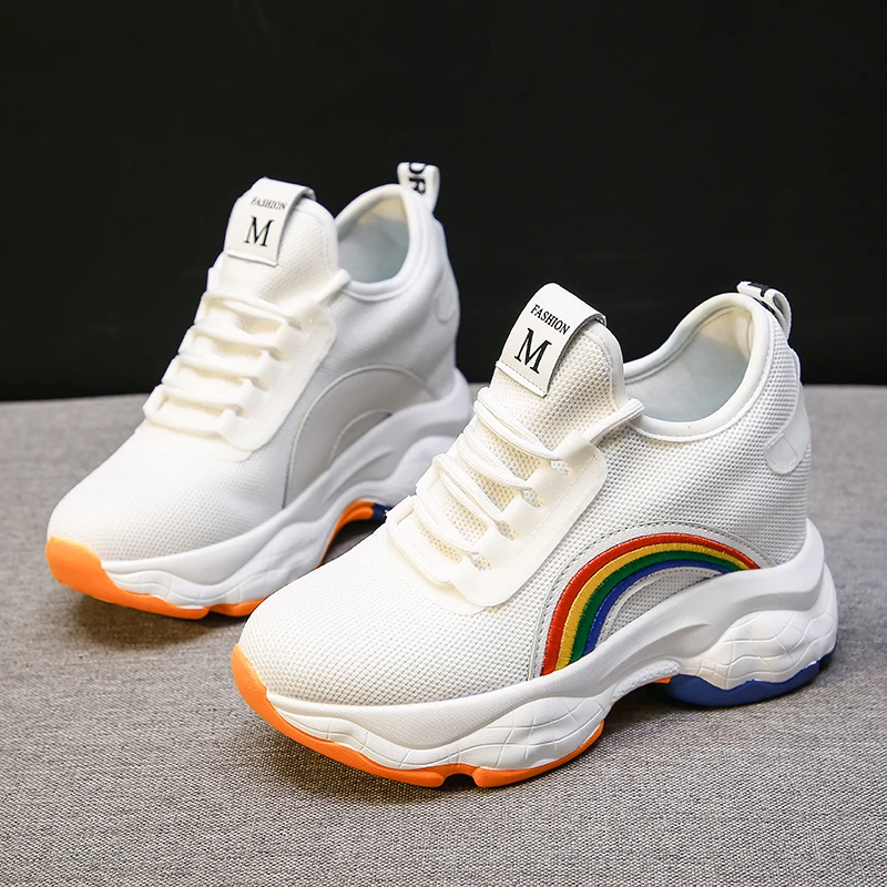 Walking Shoes for Girls Height Increasing Female Sports Shoes Breathable Mesh Sneakers Sport Rainbow Trendy Fitness Shoes Women