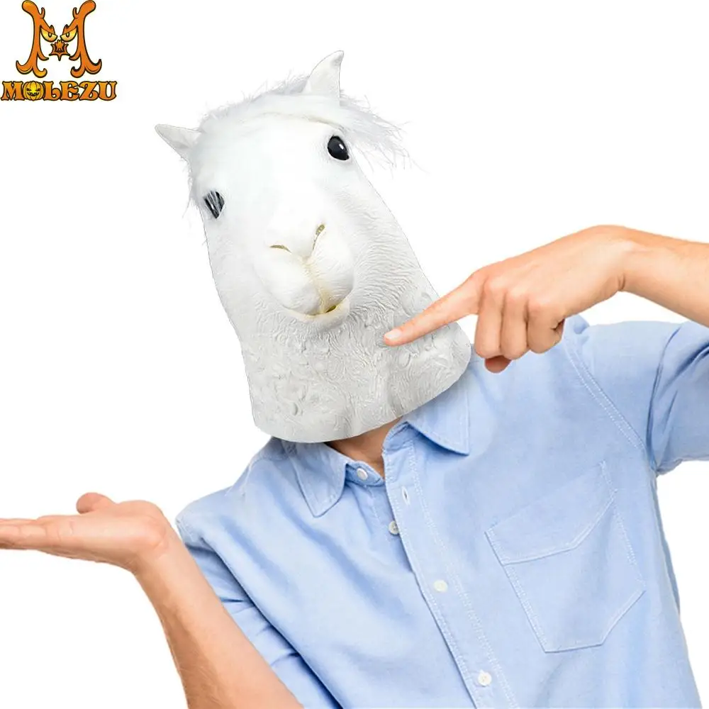 Molezu Alpaca Head Mask Latex Cute White Llama Masks Halloween Costume Party Novelty Animal | Дом и сад