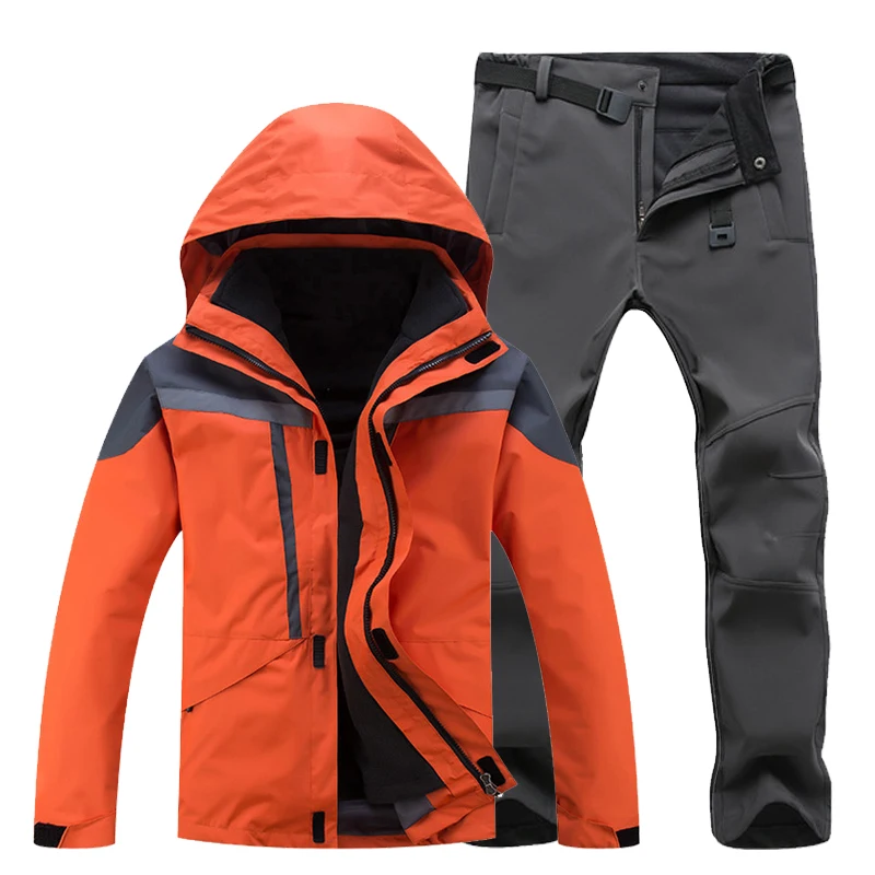 orange gray TRVLWEGO, мужской лыжный костюм для улицы, набор зимних походов, лыж, водонепроницаемая куртка, Флисовая теплая, для рыбалки, треккинга, лыжная куртка+ штаны, разные цвета - Color: orange gray